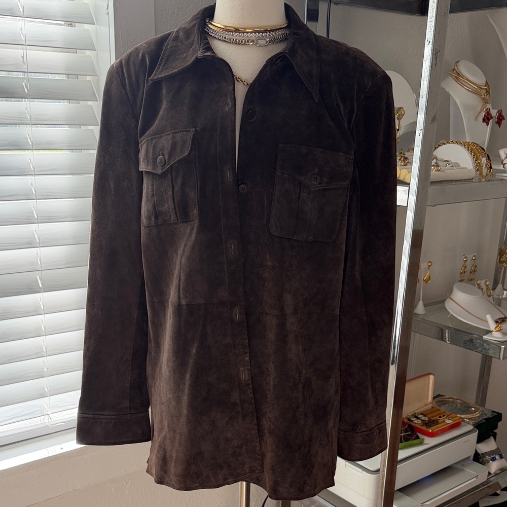 Liz Claiborne Dark Brown Suede Button-Front Shirt Jacket